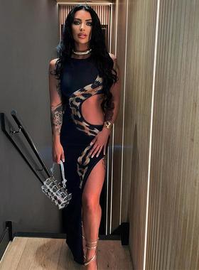 Round neck sleeveless snake navel-baring hollow slit long