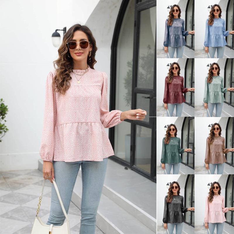 Women's leopard print long sleeve round neck shirt tops