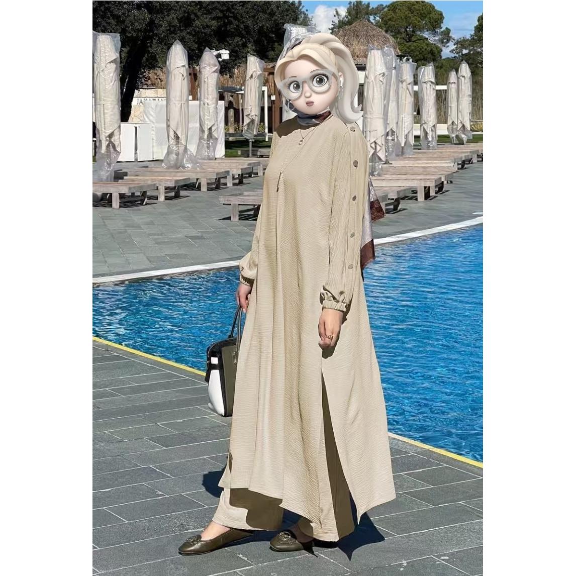 新款时尚纯色休闲纽扣宽松连衣裙长裤俩件套 Robe and pants set