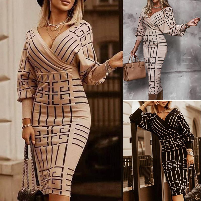 dress hip waist-hugging V-neck long-sleeved fashion plush