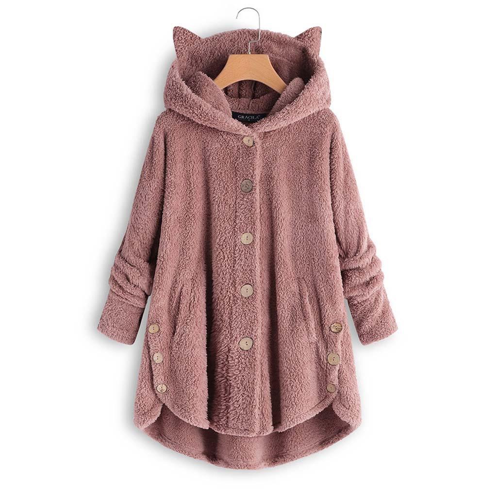 Hooded Coat Cat Fleece Irregular Color Ear Women Button Top