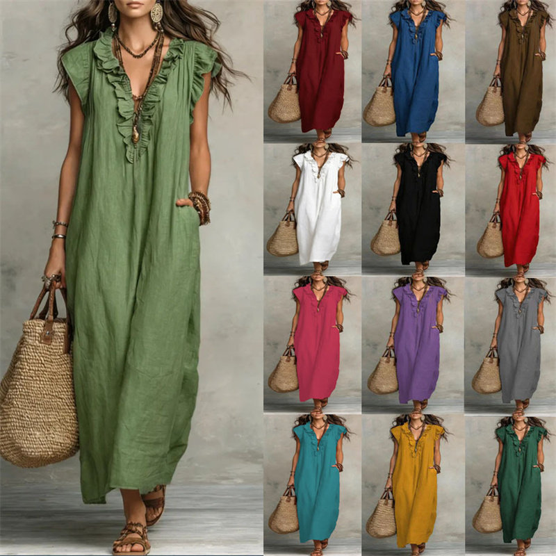 summer women dress ladies skirt夏季休闲V领荷叶宽松口袋长裙女图片