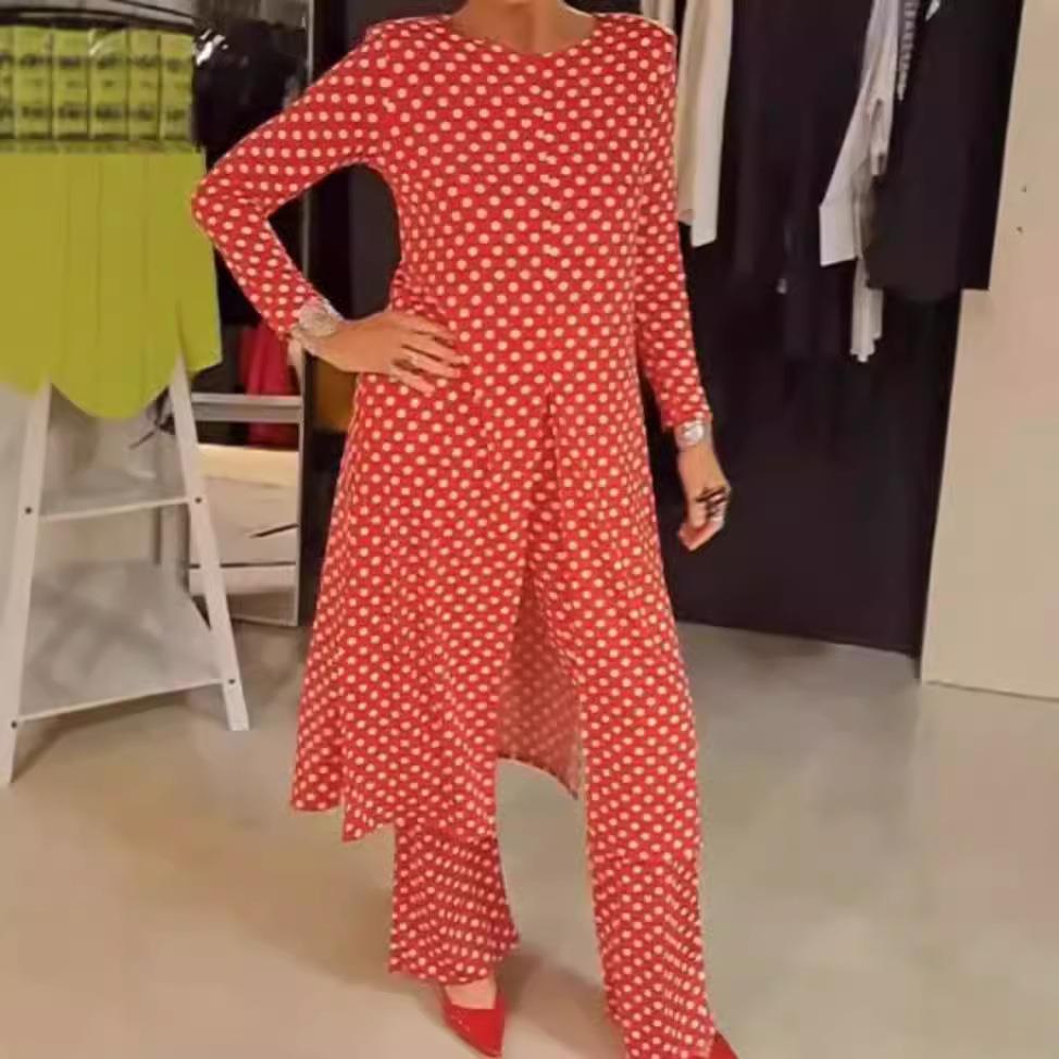 slit round suit neck sleeve dot casual long women Popular