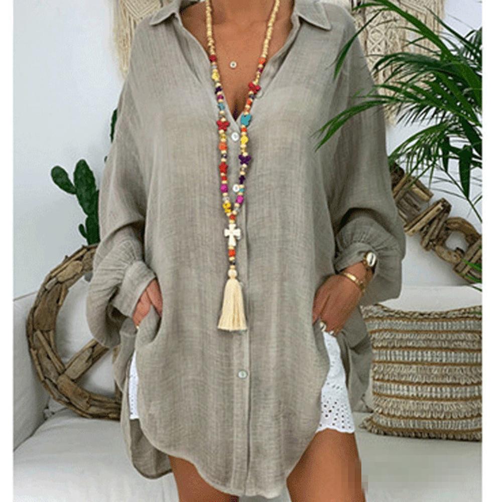 casual womens sleeve solid color long shirt button Womens