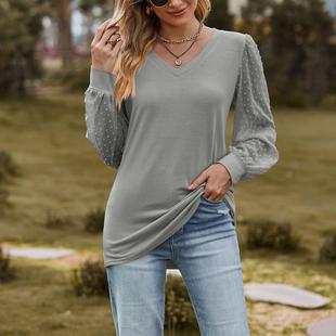 Womens Mesh Bubble Color Long Simple Solid Sleeve Shirt