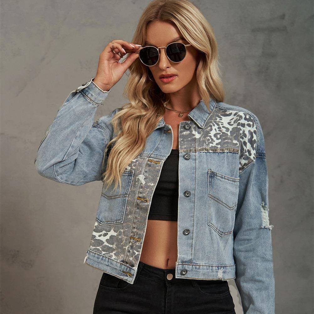 jacket casual top denim ripped patchwork fashion print