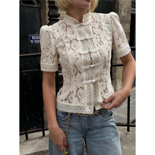 蕾丝钩花立领修身短袖衬衣women lace shirt Stand short jacket