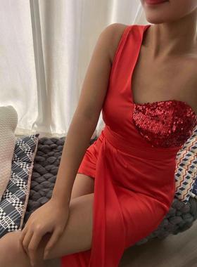 dress evening adult neck V collar high red elegant knee the