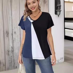 casual sleeved contrast short top Womens button loose color