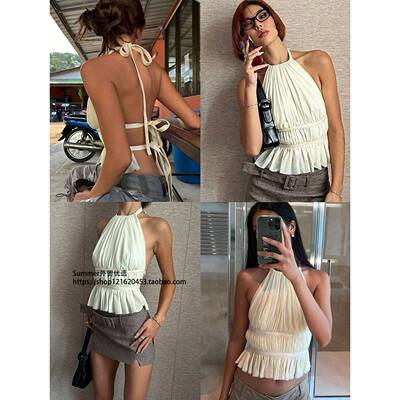 性感雪纺褶皱挂脖后背露背系带背心上衣女 Chiffon backless vest