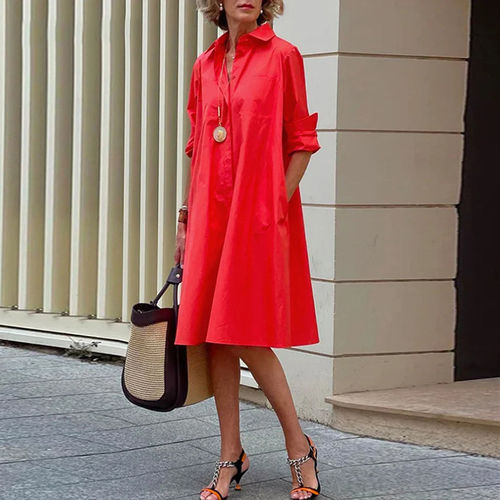 Long sleeved lapel shirt dress 简约纯色长袖翻领衬衫连衣裙