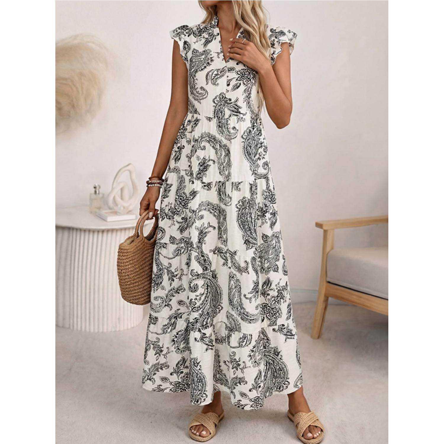 人棉连衣裙Short sleeved printed V-neck pullover cake dresses