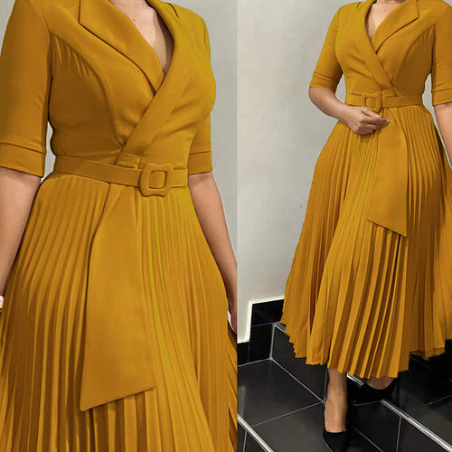 plus size dress women OL lady 西装领压褶收腰大码非洲连衣裙子
