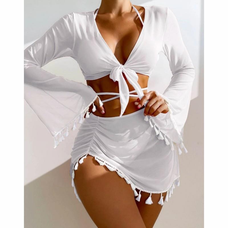 four-piece Womens blouse swimsuit short mesh tassel skirt