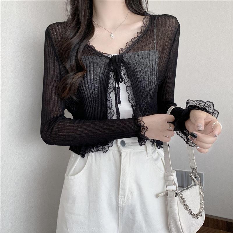 Sweet lace ruffled lace-up knitted cardigan for women sun