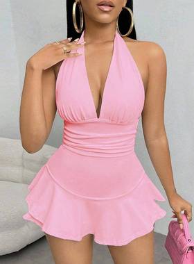 solid color halter neck dress sexy casual v-neck tops