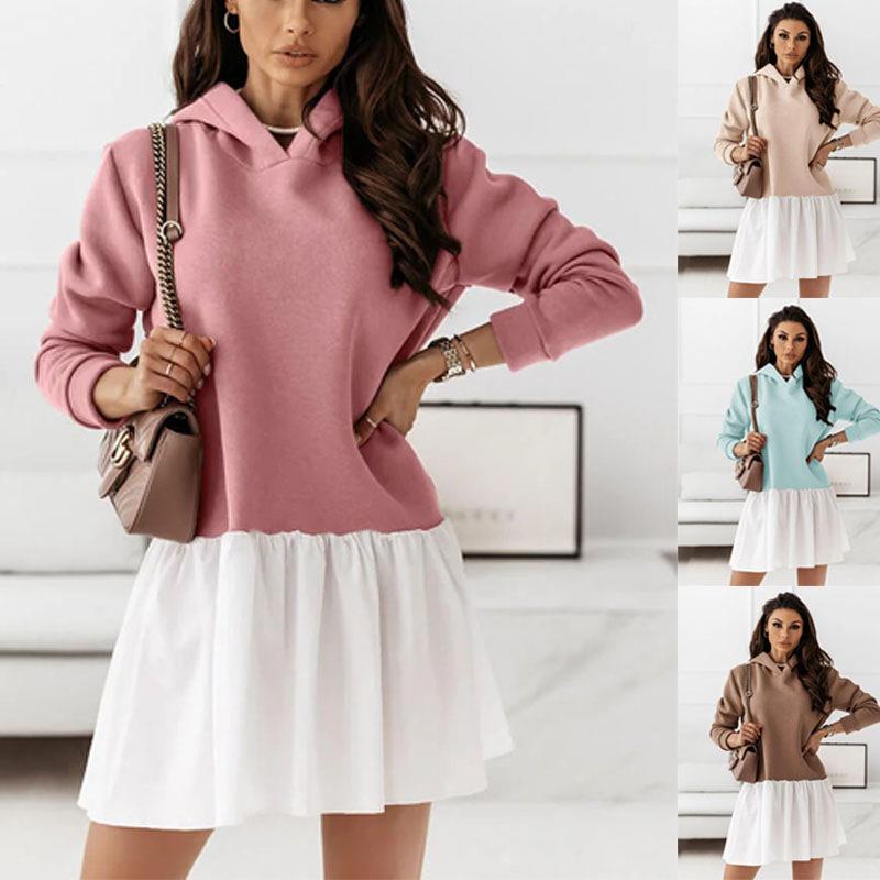 Fake two-piece pullover dress hooded patchwork dress womens