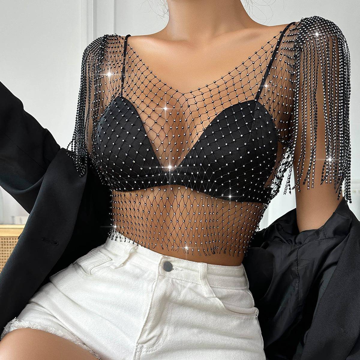 Diamond Short Diamond Sexy Fishnet Net Womens Vest Top