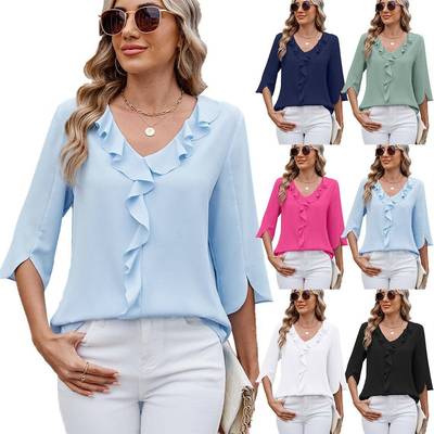 Pleated Shirt Mid V-Neck Loose Top Sleeve Chiffon Ruffle