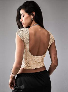Top Cropped Casual Girls Hot Womens T-Shirt Sequined
