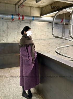 【覆雪紫山】秋冬新款紫色羊驼毛休闲中长款双面羊毛大衣外套女装