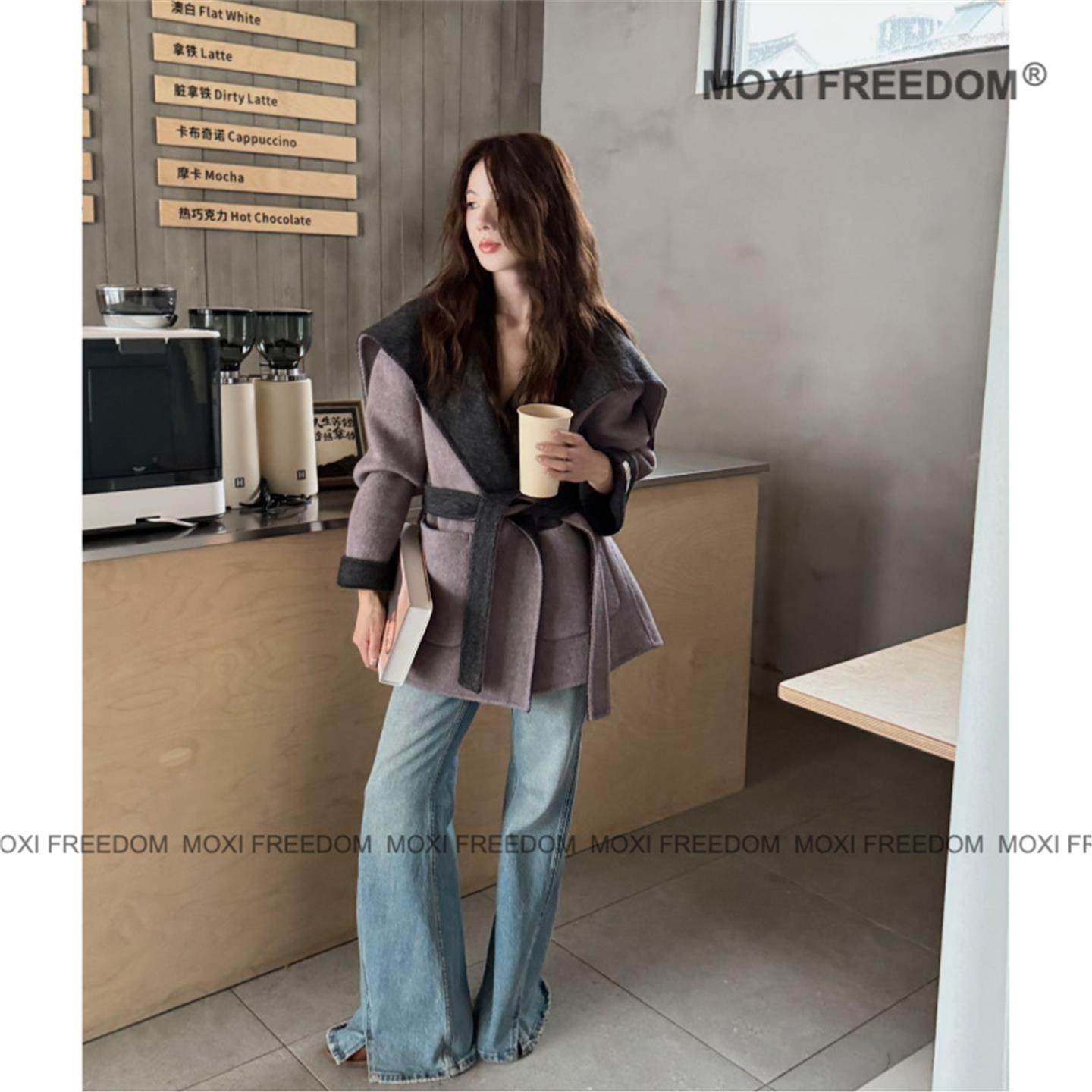 【双面叙事】秋冬季设计师款双色长毛双面羊毛呢大衣气质外套女装