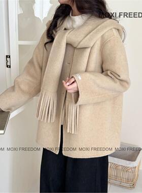【知行暖垒】25年秋冬韩版流苏围巾新款休闲短款双面羊毛大衣外套