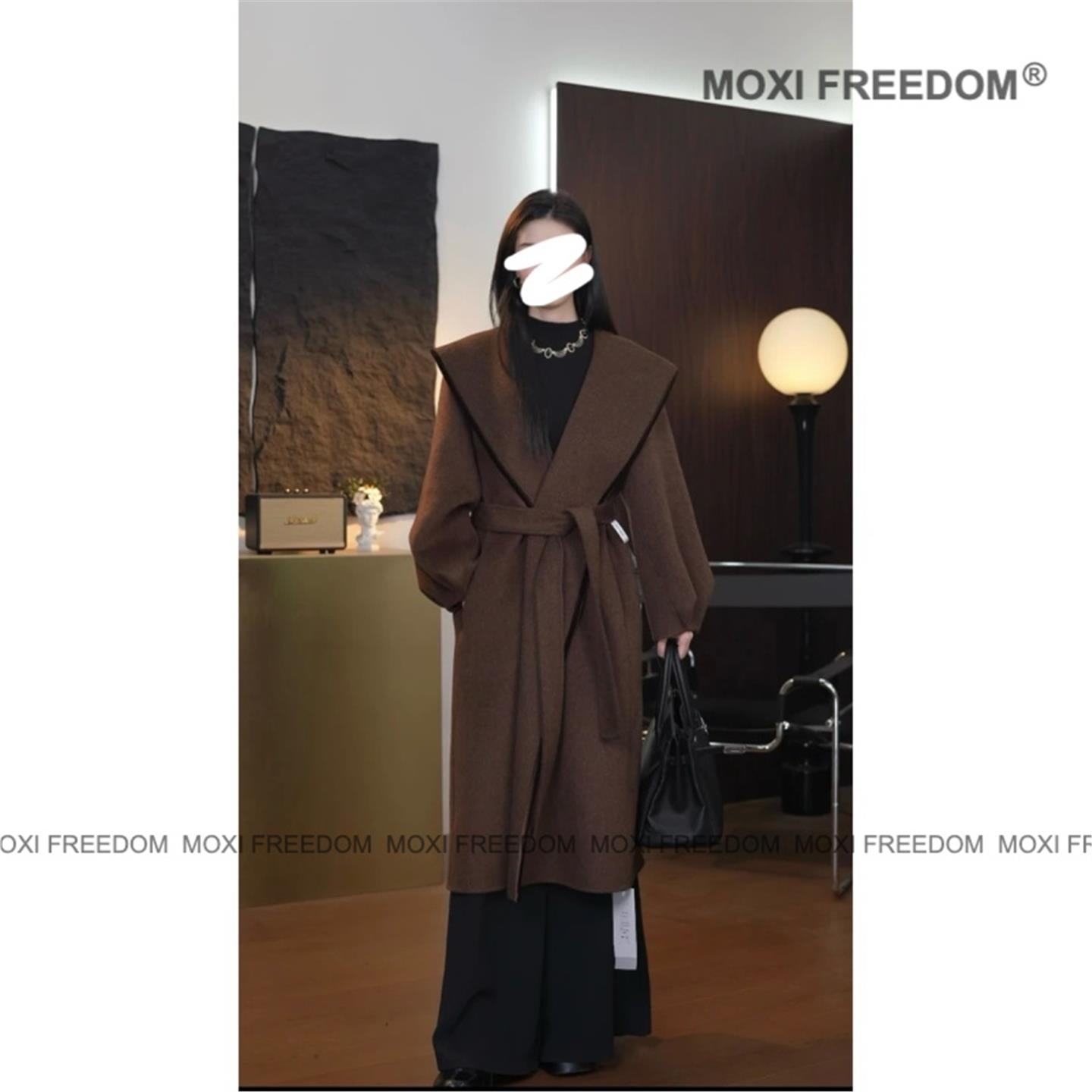 【古堡暮色】25秋冬季新款丝绒边连帽腰带过膝款双面羊毛呢子大衣