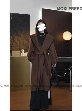 【古堡暮色】25秋冬季新款丝绒边连帽腰带过膝款双面羊毛呢子大衣