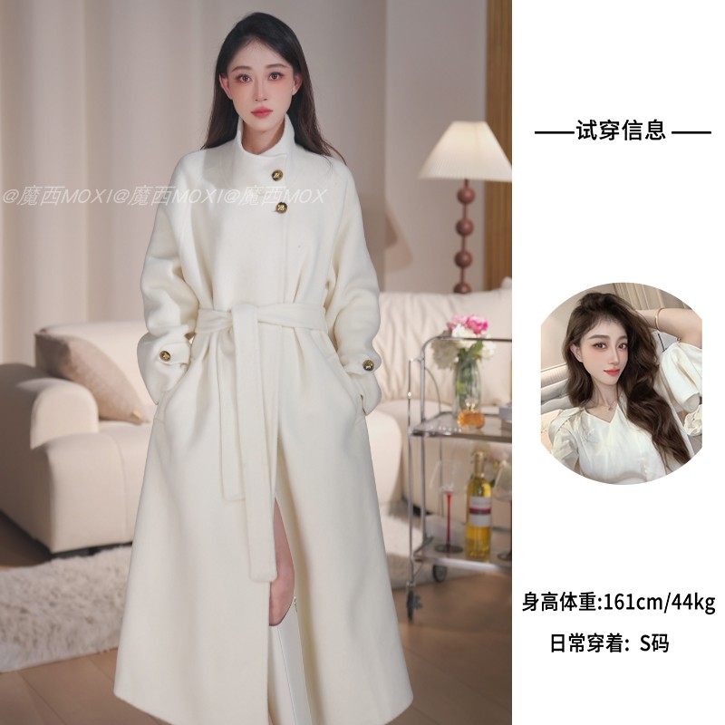 魔西MOXI【奥林德】秋冬款立领金扣腰带双面羊毛呢外套大衣女
