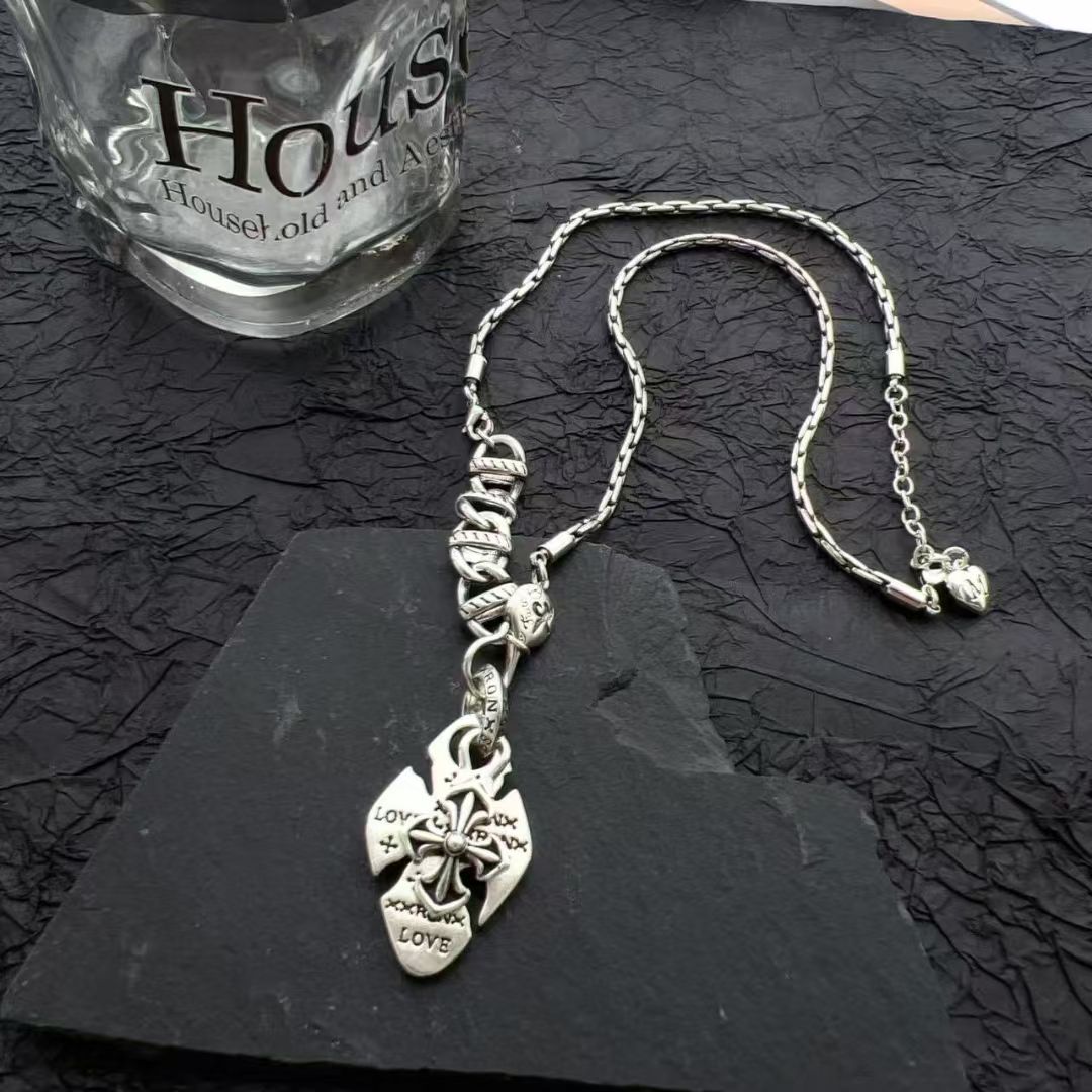 不掉色935银饰复古重工款十字架双层项链