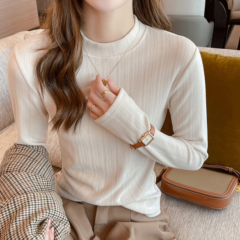 严选小立领椰绒打底衫女秋冬磨毛内搭修身中领长袖上衣可外穿t恤