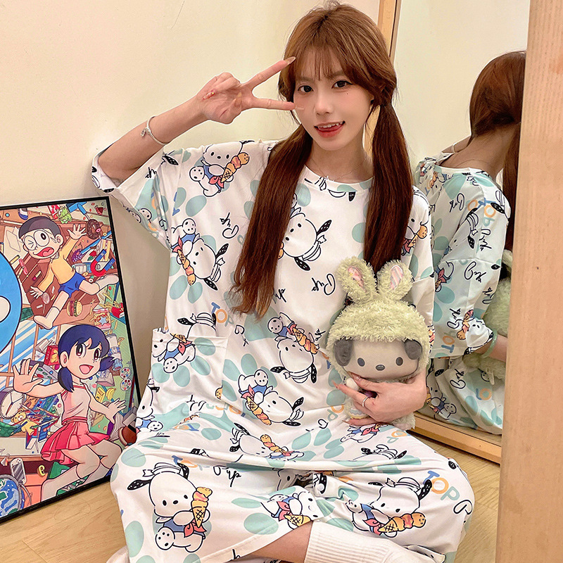 夏季新款卡通连体睡衣夏天短袖冰丝棉薄款可爱大码可外穿家居服