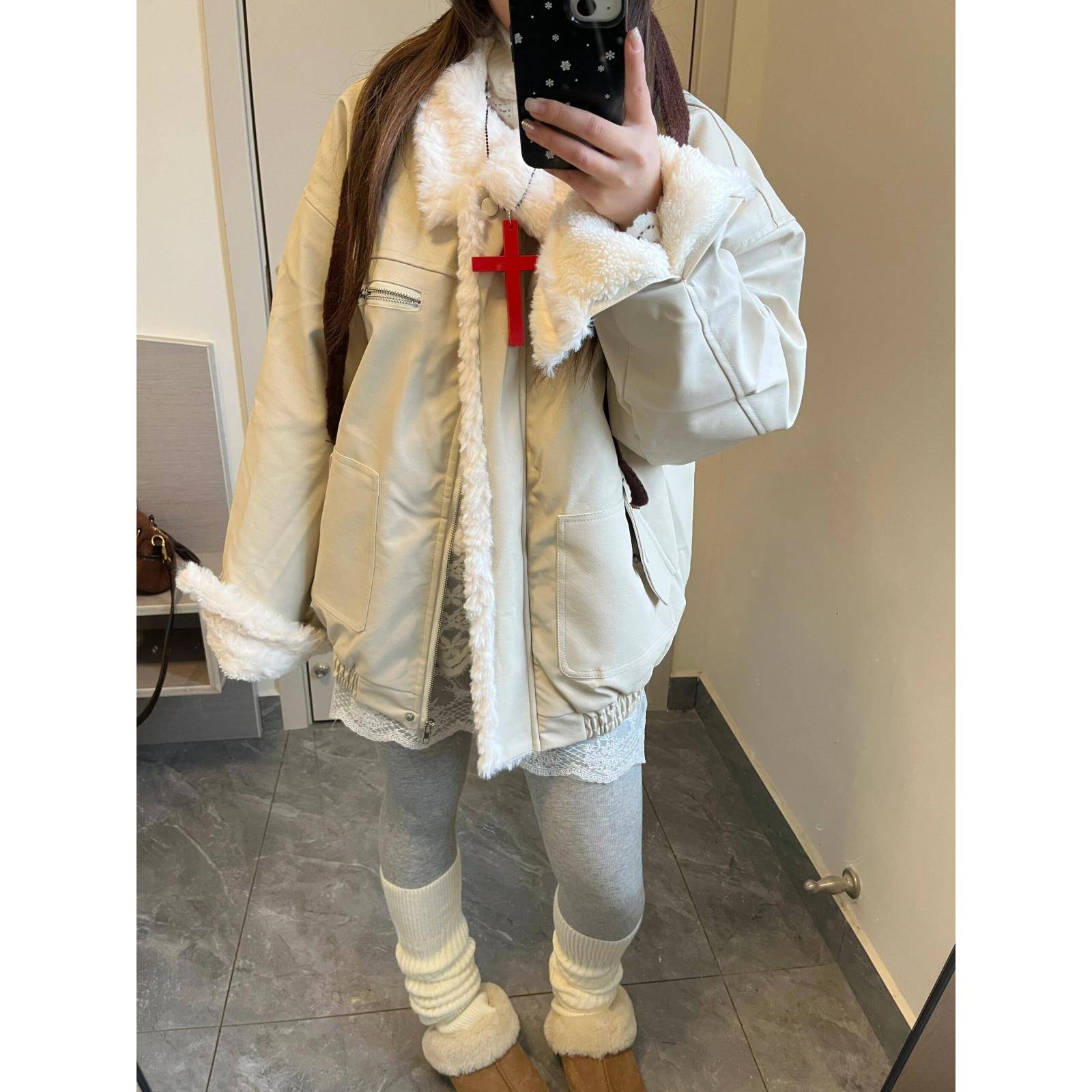 韩系翻领羊羔毛棉服女冬季新款设计感小众加绒加厚保暖棉衣外套潮