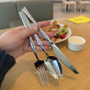 高级轻奢 锤纹304不锈钢西餐刀叉勺牛排专用高颜值三件套西餐餐具