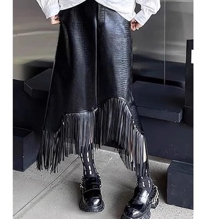 Vintage black pu leather fringe skirt复古 黑色pu皮流苏半身裙