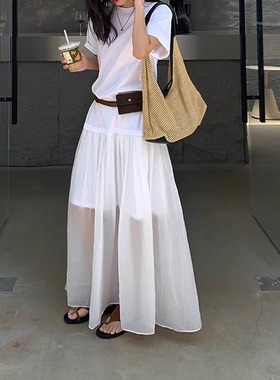 A simple white mesh short-sleeved dress白色网纱 短袖连衣裙女