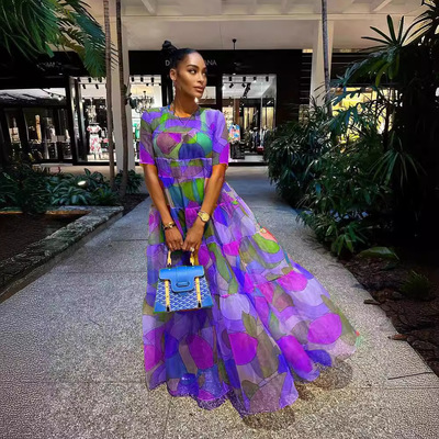 网纱树叶印花大摆连衣裙