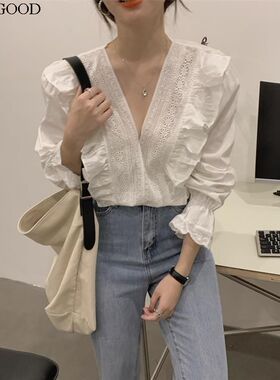 French lace fungus lace V-neck shirt法式蕾丝 木耳花边V领衬衫