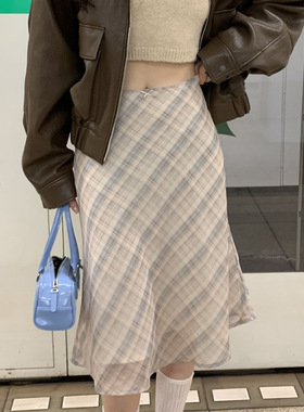 Korean version black checkered fishtail skirt 黑色格纹鱼尾裙