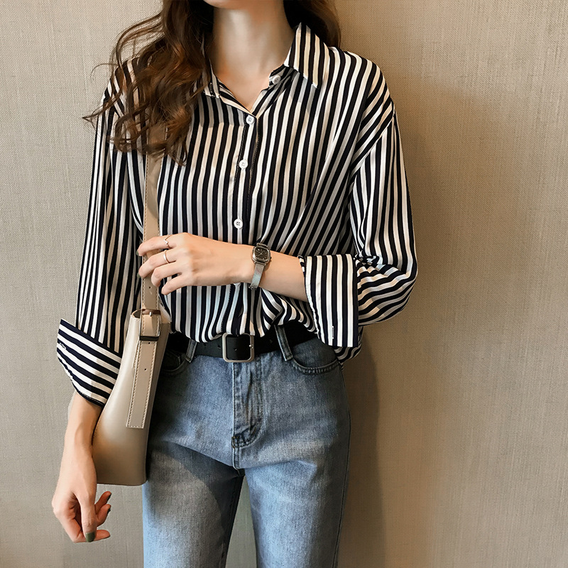 Ladies Long Sleeve Striped Shirt女士港风 露锁骨长袖条纹衬衫 女装/女士精品 衬衫 原图主图