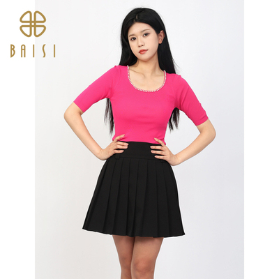 百丝BCVOGA圆领设计感上衣2024秋季新品黑色精致显瘦短袖针织衫女