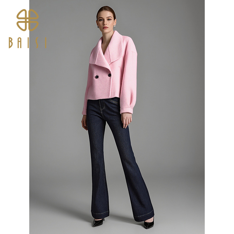 百丝小香风韩系毛呢长袖上衣2025冬季新品法式软糯大翻领外套女