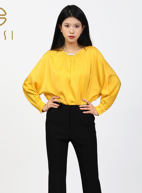 百丝BCVOGA时尚简约长袖T恤2024秋季新品黑色宽松流行遮肉上衣女