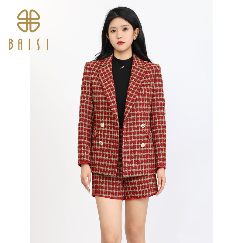 百丝/BCVOGA格子粗花呢小香风上衣2024新品双排扣西装短款外套
