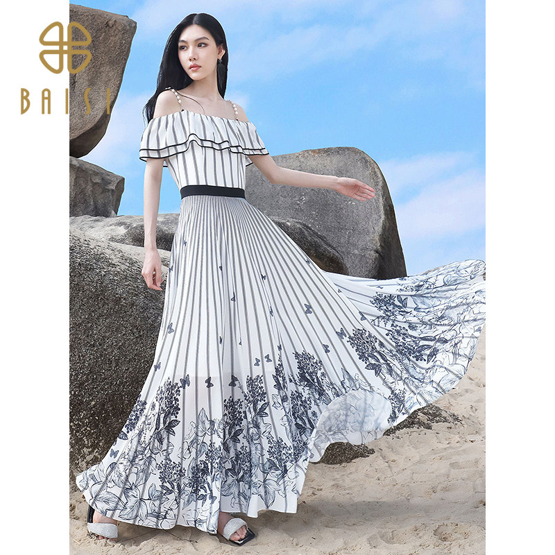 夏季新品百丝吊带长裙条纹露肩收腰休闲日常一字肩连衣裙女