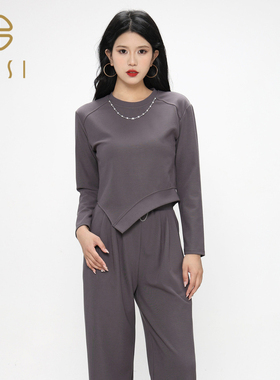 百丝BCVOGA不规则下摆长袖卫衣2024秋季新品时尚链条圆领上衣女