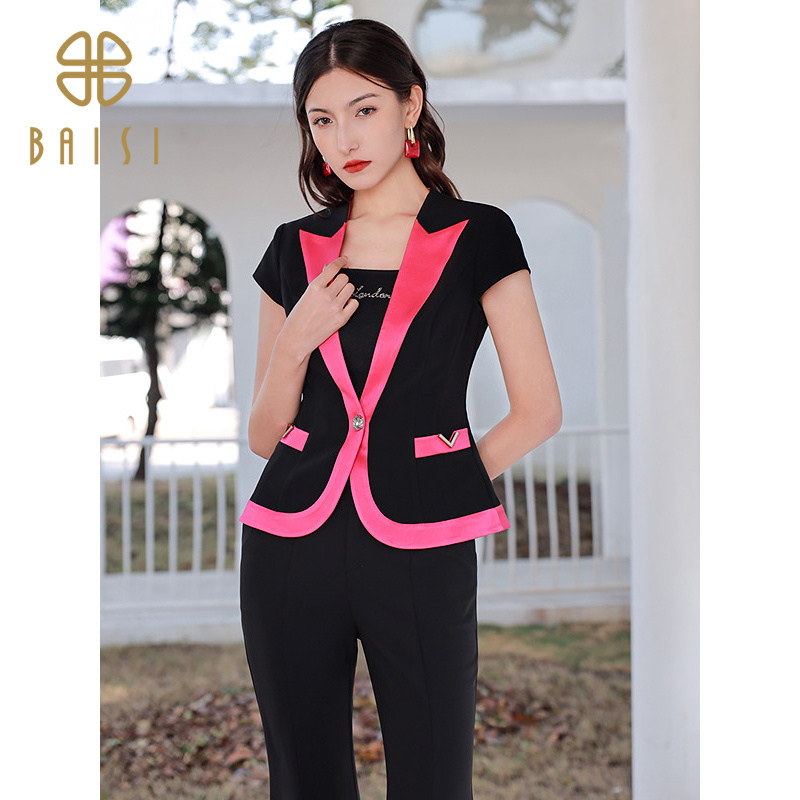 2025夏季新品百丝V领一粒扣短袖上衣设计感撞色通勤西装外套女