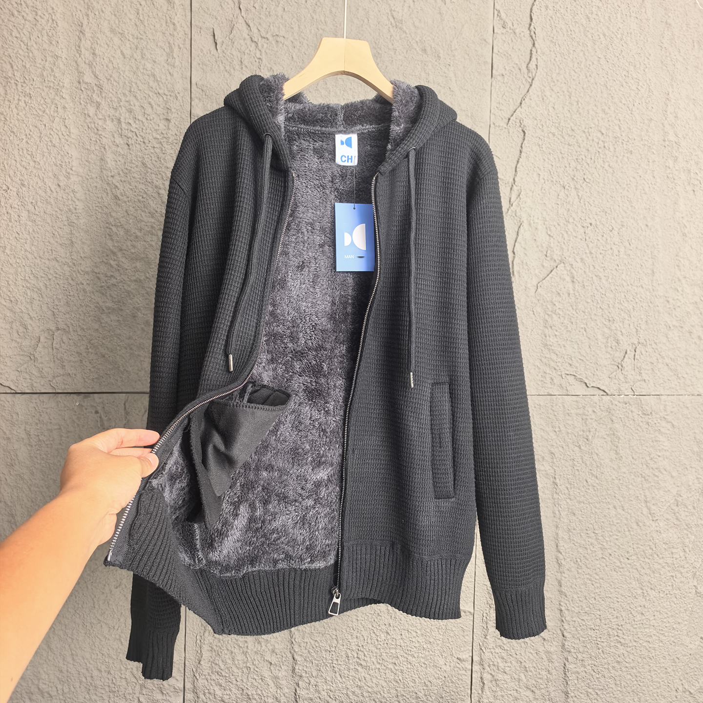 华夫格羊羔毛休闲男连帽加绒外套