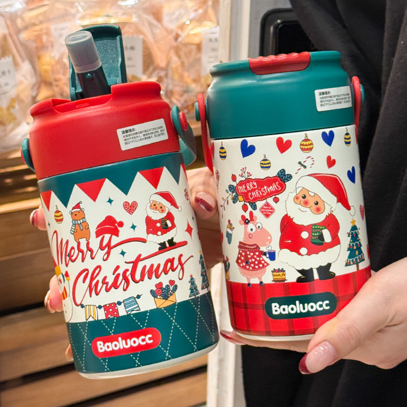 圣诞保温杯女生2025新款高颜值礼物学生上学吸管杯便捷大容量水杯
